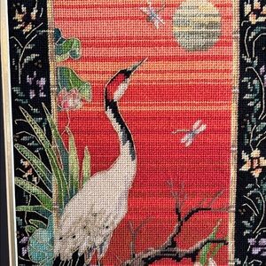 Vintage Asian Needlepoint Crane and Lotus Wall Art